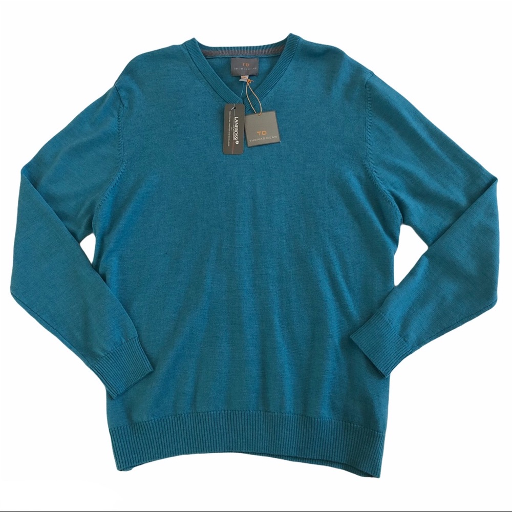 THOMAS DEAN Men’s Teal Merino Wool V-Neck Sweater